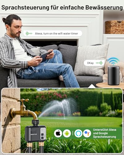 Bewässerungscomputer WLAN 2 Ausgänge: Einfache Gartenbewässerung mit App & Sprache, 5 individuelle Bewässerungspläne, Smart Water Control für Rasensprenger & automatisches Garten Bewässerungssystem