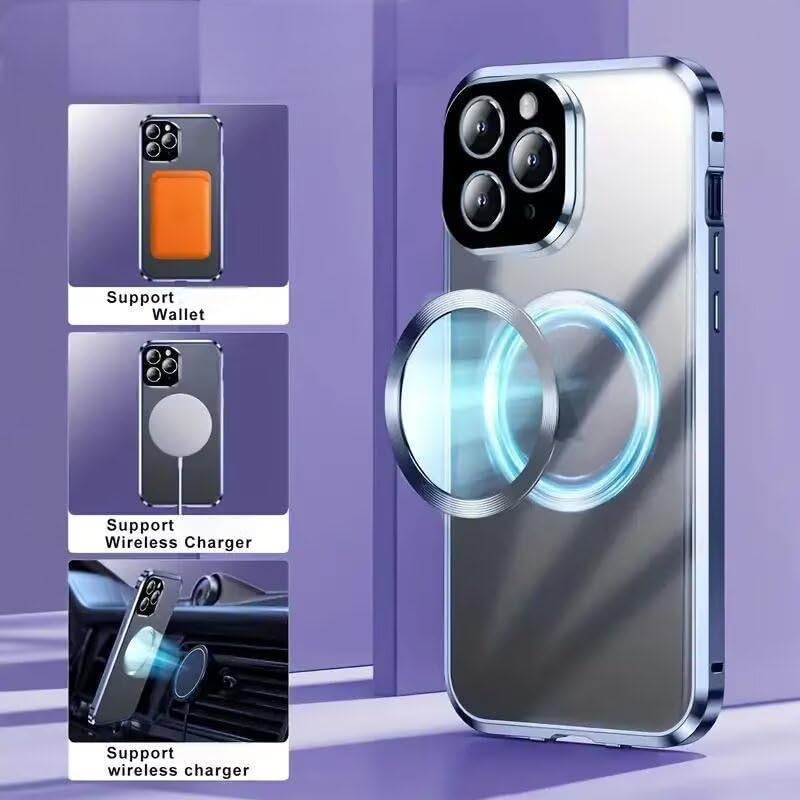 Magnetic Metal Edge Full Body Military Drop Protection for iPhone 15 Pro Max Case,Compatible with MagSafe,Rugged Built-in Privacy Screen Protector Logo View Shockproof Cover,Silver - Image 3