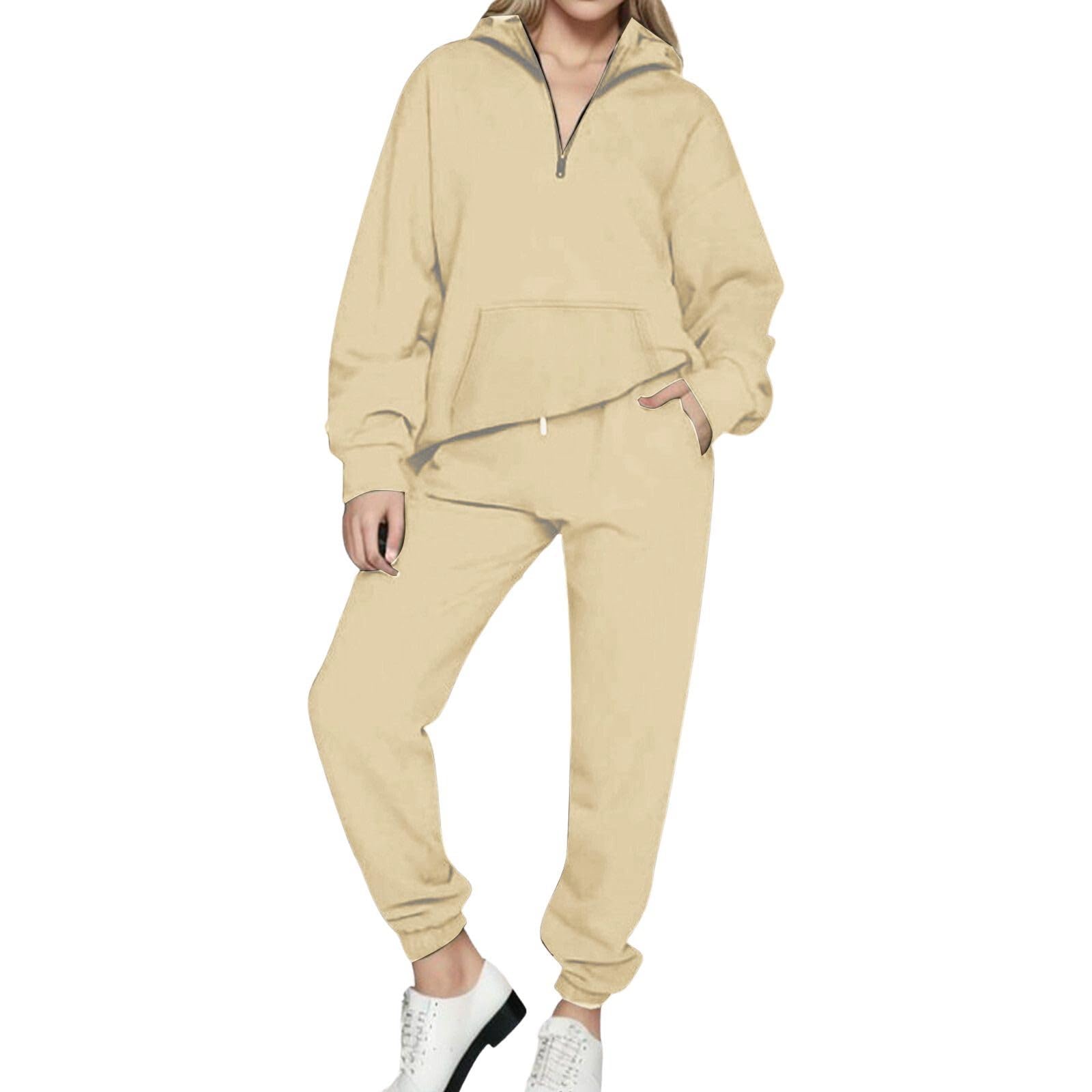 LFKERWMGWomen's Solid Color Zipper Pullover Long Sleeve Hoodie And Jogging Pants Two Piece Set For Fall/Winter