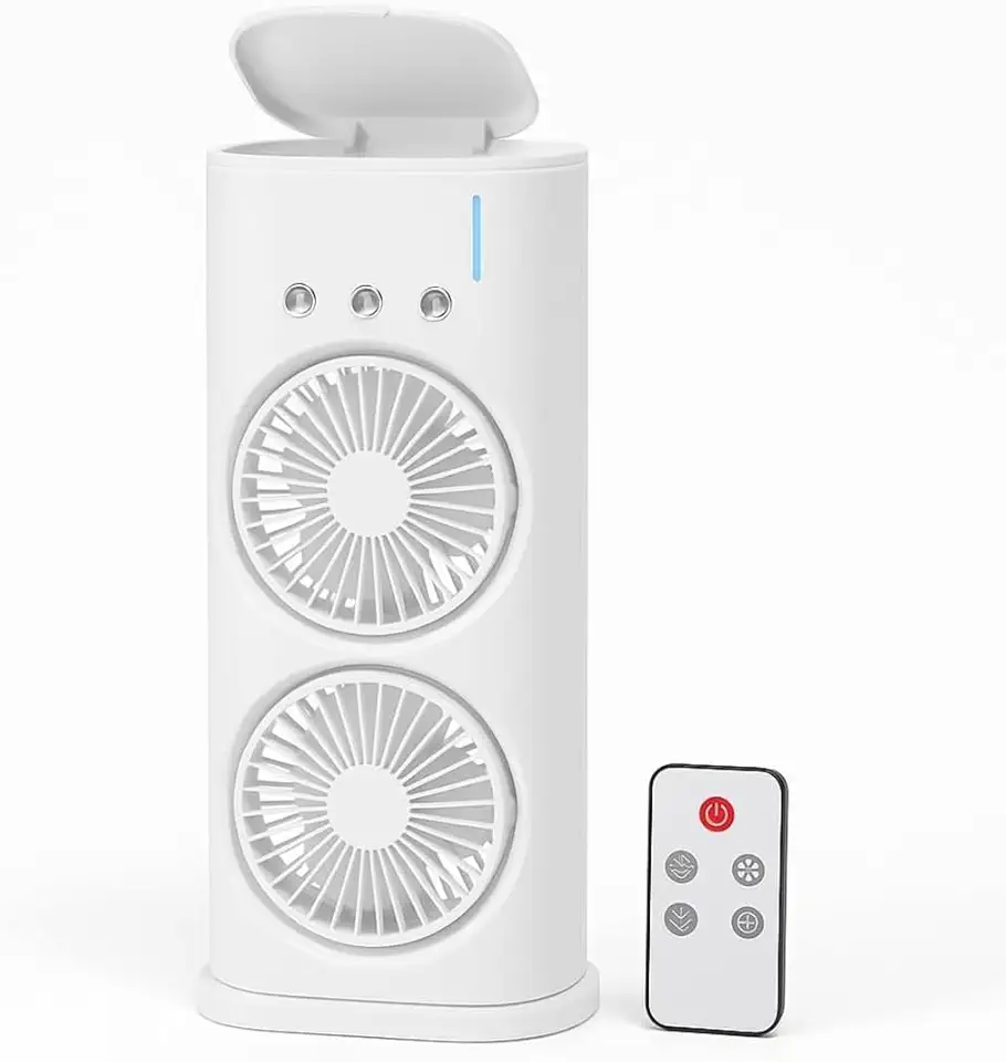 Ventilador Portátil Duplo USB com Umidificador e Mini Ar-Condicionado | LED 7 Cores, 3 Velocidades, Reservatório 600ml, Silencioso, Oscilação 90°, Controle Remoto – Branco
