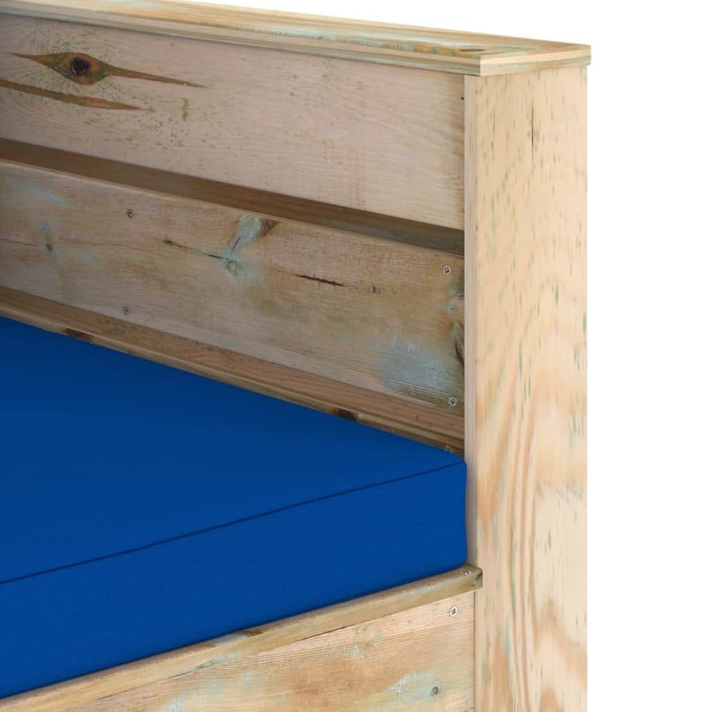 Set Salotto da Giardino 2 Pz in Legno Pino con Cuscini Blu | Design modulare a pallet in pino con spessi cuscini blu per relax in terrazzo, patio e portico esterno.