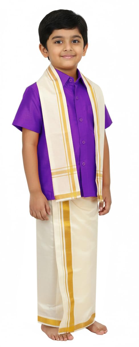 Boys Traditional Dhoti & Shirt Set | South Indian Ethnic Festival Wear for Boys, Perfect for Pongal, Ceremonies & Special Occasions (8-9 Years, Purple)-image-38