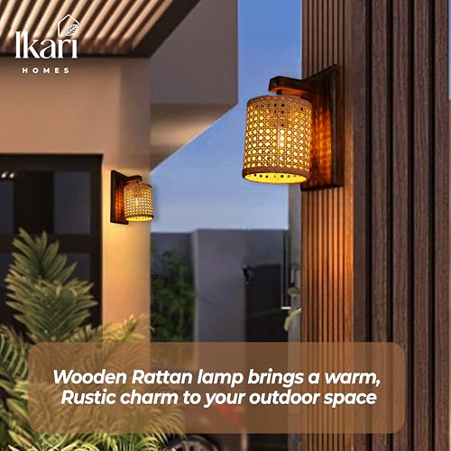 Image of Ikari Homes Rustic Wooden Wall Lamp I Cylindrical Raffia Shade I Vintage Wall Lamp I Boho Rattan Wall lamp for Bedroom /Balcony /Living Room /Outdoor /Entrance - Size 10 x 5 in (Rattan Hex Mesh)