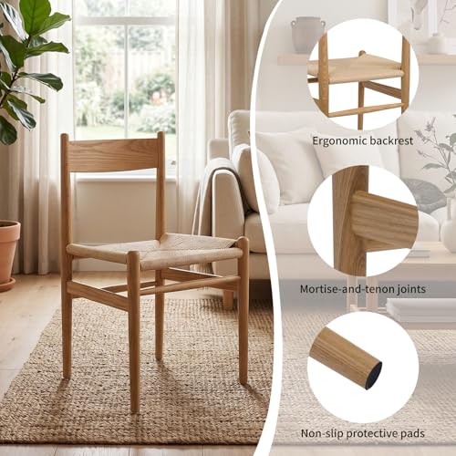 Image of Armless Dining Chairs Set of 2, Ash Wood with Handwoven Seat | 300 BLS Support, Curved Backrest, Felt Pads, Fully Assembled, Mid-Century Modern Wood Chair for Kitchen, Dining, Living Room