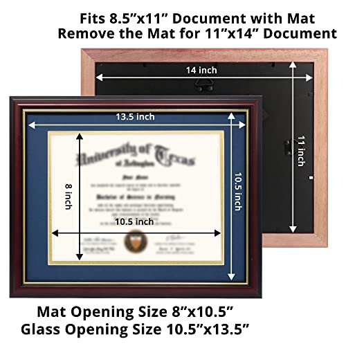 GraduationMall 8.5x11 Diploma Frame with Navy over Gold Mat or Display 11x14 Certificate without Mat,Solid Wood & UV Protection Acrylic,Cherry Finish with Gold Trim