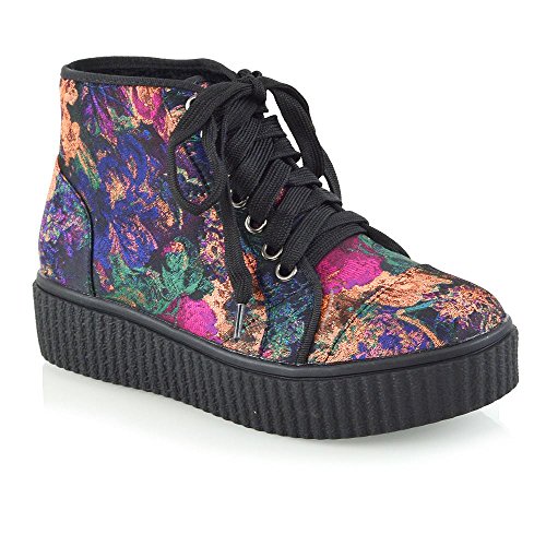 ESSEX GLAM Damen Schnüren Stiefeletten Schwarz Blumen Plattform Keilabsatz...