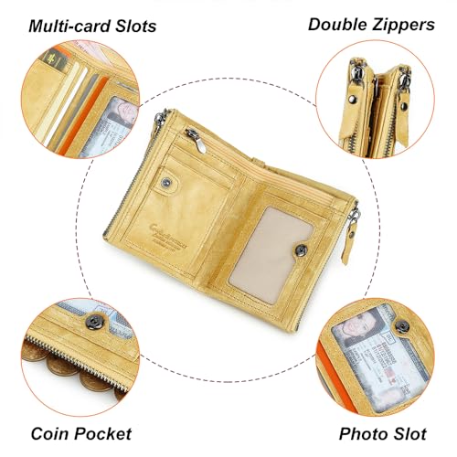 Image of CONTACTS Soft Leather Wallet for Women Small Bifold Coin Purse Double Zipper Card Holder with RFID Blocking (Yellow)