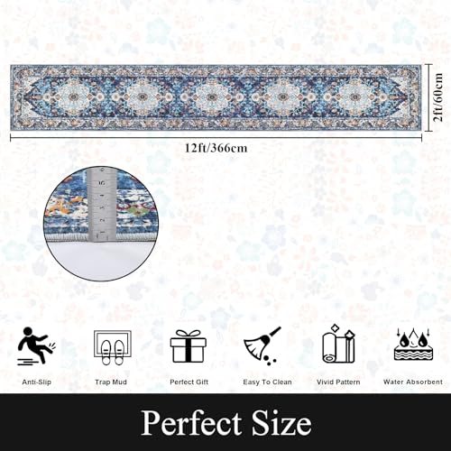 Alfombra de pasillo bohemia de 2x12 pies azul lavable para cocina 3