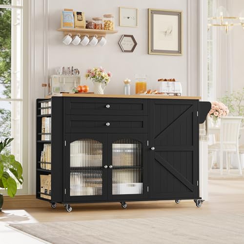 FirFurd Isla Cocina con Ruedas, Isla de Cocina con Barra, Mueble Cocina Auxiliar, con Mesa Plegable, con 5 Ruedas, 2 Cajones y 3 Puertas, Especiero y Toallero (Negro) - imagen 2