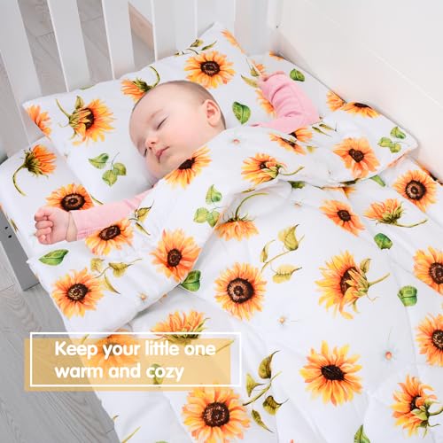 Image of JISEN 3 Piece Baby Crib Bedding Set for Girls - Soft Floral Crib Comforter Set with Crib Sheet Comforter and Pillowcase Sunflowers