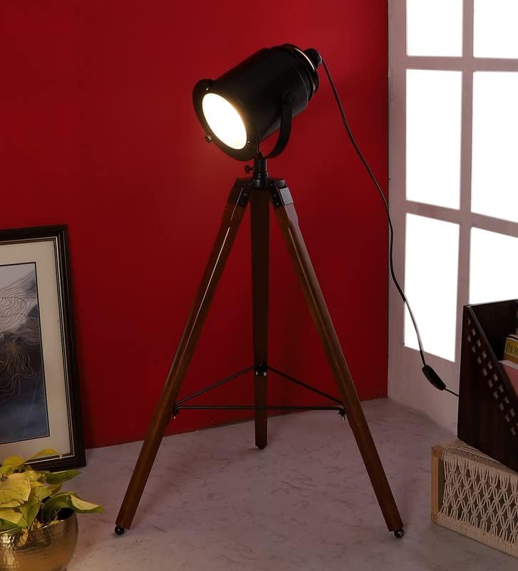 Image of PRISTINE INTERIORS Brown Fabric Shade Tripod Floor Lamp with Black Base Silver Metal Shade Tripod Floor Lamp with Beige Base (Industrial)