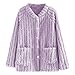 Flannel Pajama Tops for Women Fuzzy Button Down Long Sleeve Warm Winter Shirts Solid Color Sleepwear with Pockets M-XL Purple