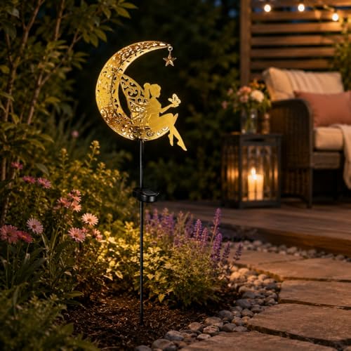 Image of XERGY Solar Powered Garden Decor Metal Fairy Moon Stake Light Statue with LED Glow Ball - Waterproof, Outdoor Decor Light, Auto Dusk to Dawn Sensor, Ideal for Lawn,Terrace & Balcony (Warm White)