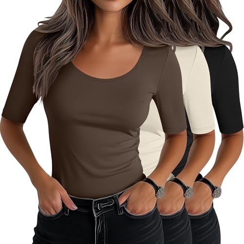 Neer Lot de 3 Tops Femme Grand Col Rond Manches Mi-Longues Élastiques Mélange Coton Slim Fit Basique Été(Noir, Marron, Blanc crème,XL)