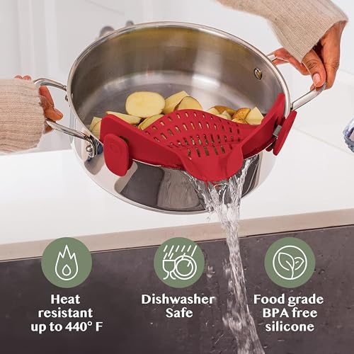 Kitchen Gizmo Snap N Strain Silicone Pot Strainer - Adjustable Clip-On Pasta Strainer for Pots, Pans, and Bowls - Large Red Kitchen Colander