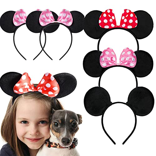 6 Pezzi Topolino Minnie Mouse Fascia,Orecchie da Topo con Cerchietto Nero,Orecchie da Topo in Nero per Bambini e Adulti,per Capelli Bambini Adulti Costume Carnevale Compleanno Cosplay Halloween