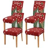 Nmxomug Christmas Chair Covers Set of 4,Xmas Tree Dining Chair Slipcovers,Elastic Removable Washable Dining Parsons Chair Protectors,Christmas Decor for Home Red