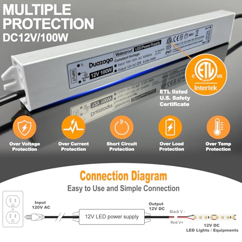 Image of 100 Watts LED Driver 12 Volt Power Supply 110 120V to 12V Converter | IP67 Waterproof, AC to DC, Low Voltage Landscape Lighting Transformer,ETL Listed, Plug with 4.4Ft Cord for Outdoor LED Lights