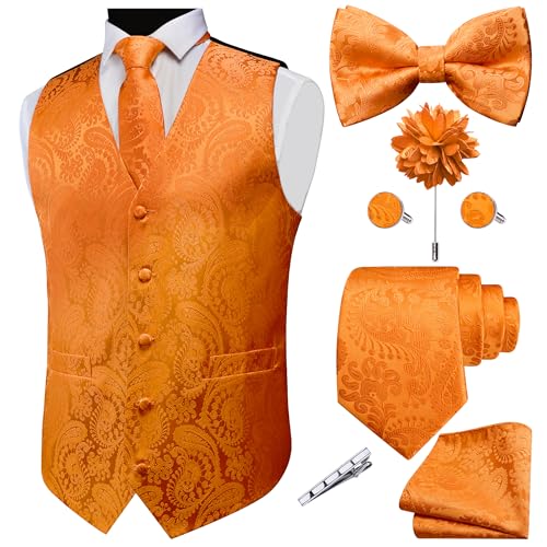 GUSLESON Fashion Paisley Vest for Men Jacquard Tie Waistcoat Bow tie Hanky Lapel Pin Cufflinks Set Wedding 7PCS