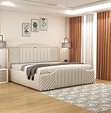 SABTA Modern Upholstered Queen Size Bed with Storage | Double Bed with Box Storage & Upholstery Premium Fabric Headboard, Platform Bed for Bedroom & Hotel, Sheesham Wood, White, 6.5 x 5 Ft