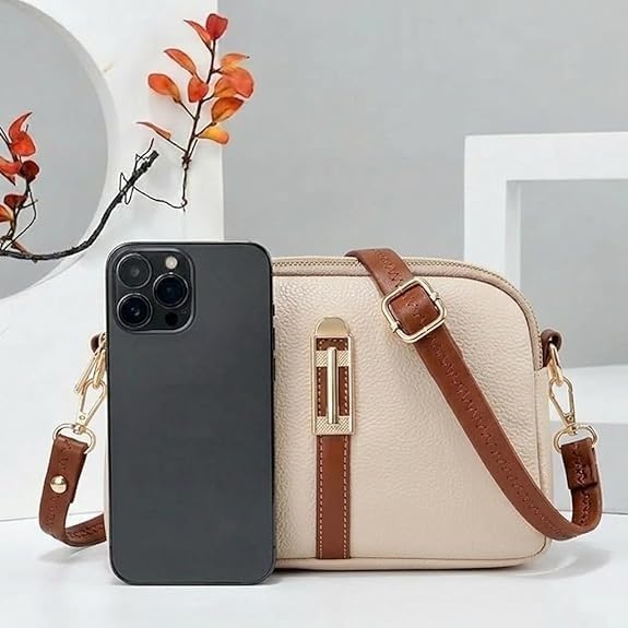 Image of Faux Leather Sling Bag with Brown Adjustable Strap & Gold-Tone Hardware - Compact Crossbody Handbag for Daily Use