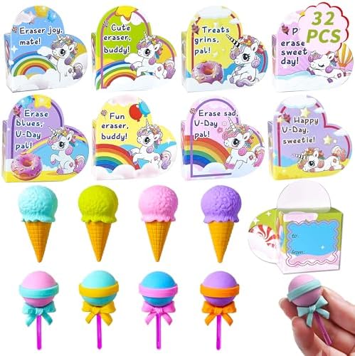 Valentines Day Cards for Kids School - 32 Packs Valentines Unicorn Heat ...