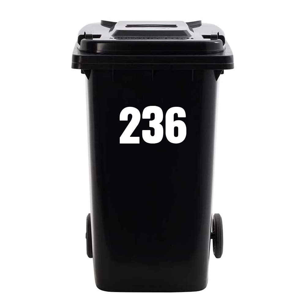 Packwith White 4 Set Of Personalised Vinyl Wheelie Bin Number(0-999) Self Adhesive Waterproof Vinyl Stickers - Ideal For Out Door Wheelie Bins Garbage Bins Dustbin # Sara Prints