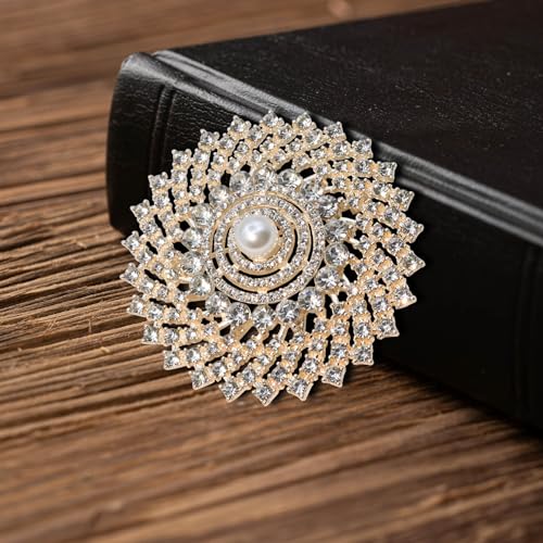 Image of Gold Crystal Shell Flower Brooch Pins for Women Elegant Pearl Rhinestone Floral Brooches Pin Fashion Jewelry for Party Dance Wedding Banquet Brooch for Women Girl Gift