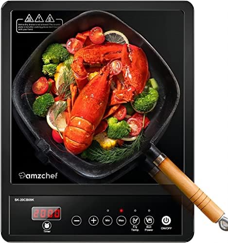 AMZCHEF Single Induction Hob, Portable Induction Hob, 10 Temperature Settings and Power levels from 300W to 2000W, Black Frosted Glass Panel,Sensitive Press Control, 3-hour Timer - View 3
