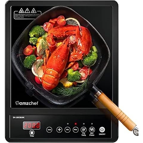 AMZCHEF Single Induction Hob, Portable Induction Hob, 10 Temperature Settings and Power levels from 300W to 2000W, Black Frosted Glass Panel,Sensitive Press Control, 3-hour Timer Cover