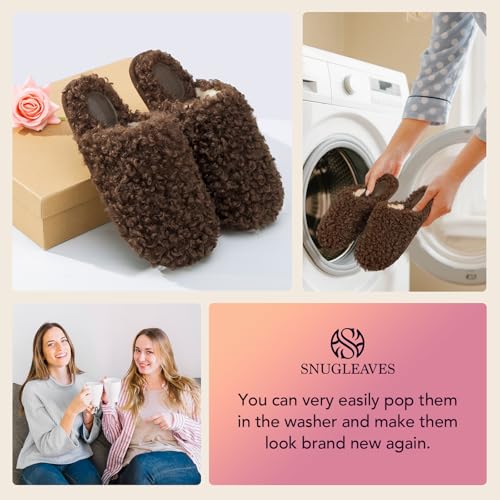 Snug Leaves Women's Scuff Slippers Furry Cute Curly Faux Wool Slip-on Indoor Memory Foam House Shoes 6