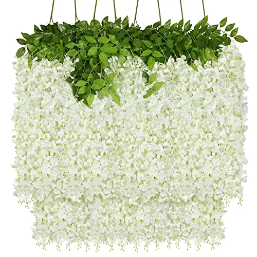 Attmu 8 Pack 3.6 Feet Wisteria Hanging Flowers, Artificial Fake Flowers Bulk Silk Vine Hanging Garland Ratta String For Home Office Wedding Wall Garden Outdoor Party Decoration (White) #TOP28