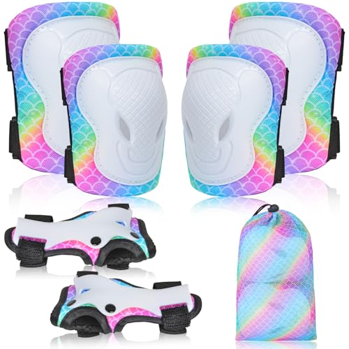 Knee Pads for Kids Elbow Pads Wrist Guards with Drawstring Mesh Bag, 7 in 1 Protective Gear Set for Girls Boys for Skating Cycling Scooter, 3-8 Years (Rainbow Mermaid)
