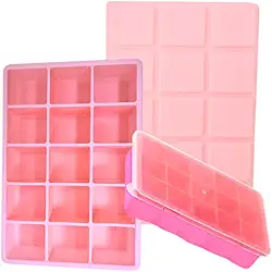 SYMEON Forma de Gelo Silicone Com Tampa Livre de BPA Flexivel 15 Cubos de 27ml Cada Prática Resistente e Reutilizável Forma Para Papinha Gelatina Frutas (FORMAGELO-ROSA)
