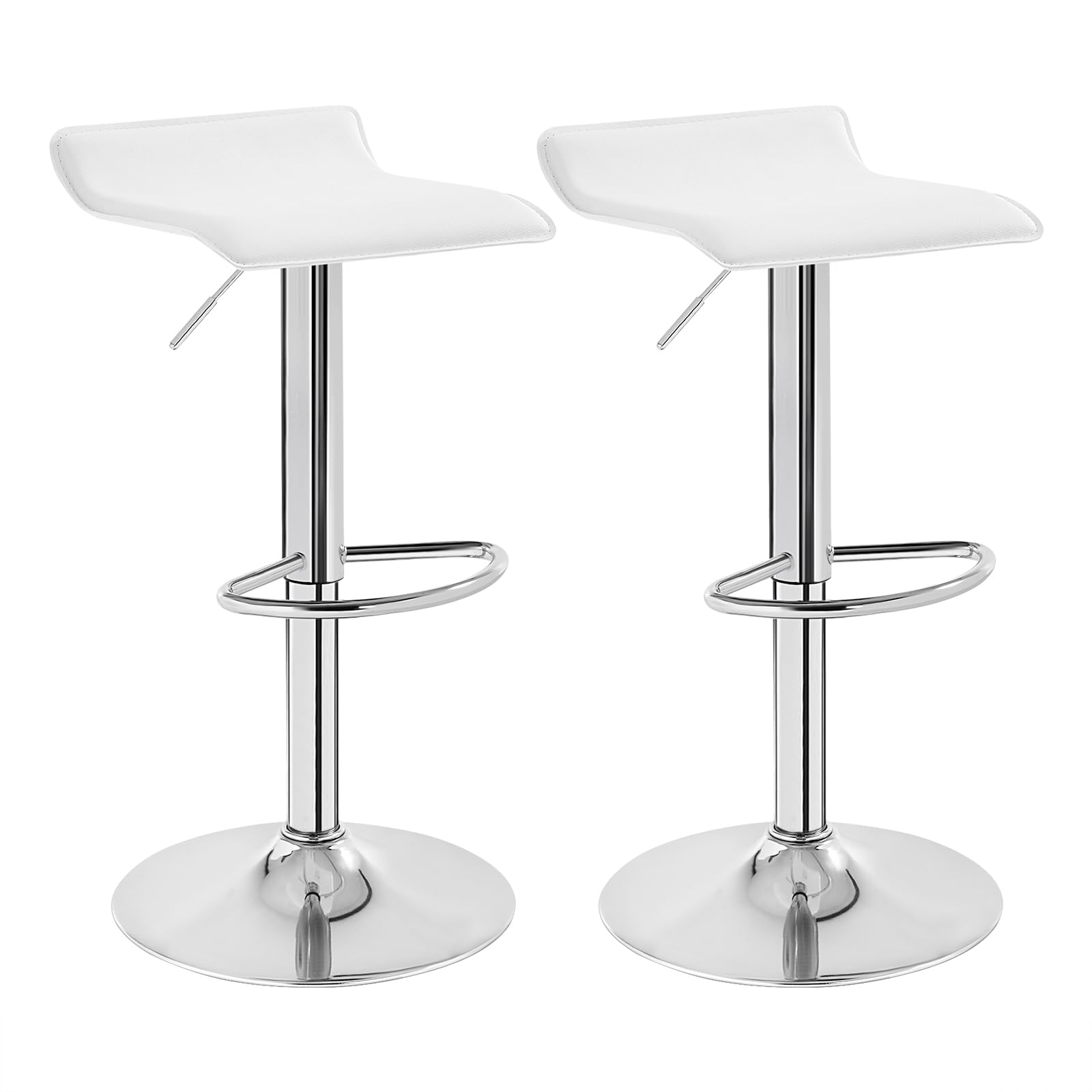 WOLTU 2 x 360° Swivel Kitchen Stools, Bar Stools with Footrest, Height Adjustable, PVC Seat, for Dining Room, Living Room and Cafeteria, White+Silver