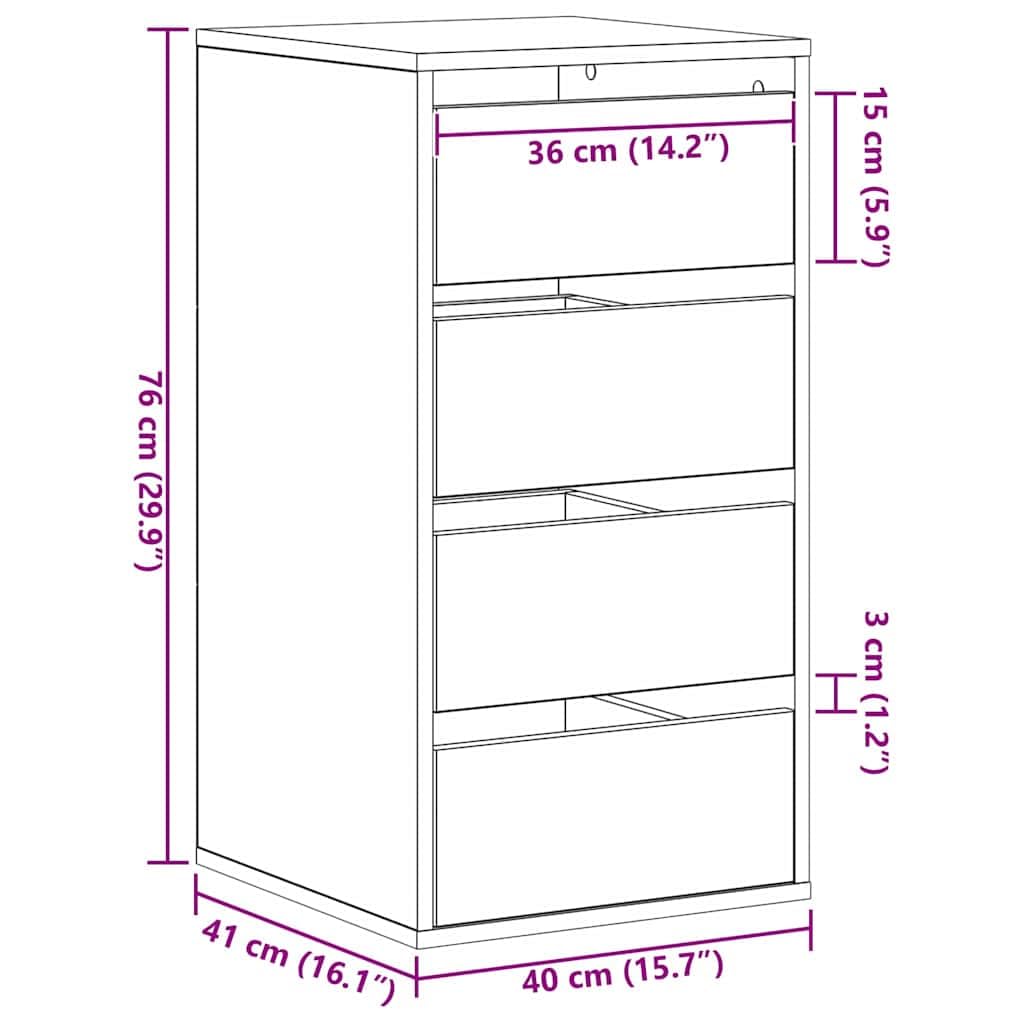vidaXL Cajonera 3-Cajón Negro 40 x 41 x 76 cm Madera de ingeniería | Mucho espacio para guardar tus cosas, Un look suave y brillante que se adapta a cualquier decoración, Diseño sencillo,
