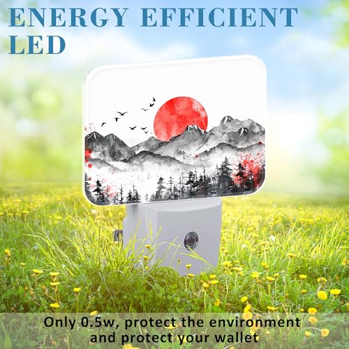 Image of Mountains and Red Sun Night Light Ink Painting Nightlight Plug into Wall with Dusk to Dawn Sensor for Kid Girls Boys Women Men Room, Hallway, Kitchen, Bathroom, Stairs Decor