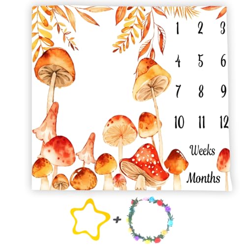 Image of Mushroom Theme Baby Monthly Milestone Blanket, Soft Flannel Watercolor Spring Tropical Eucalyptus Leaves Botanical Photography Prop Newborn Baby Shower Age Growth Tracker (Orange, 48x48in)