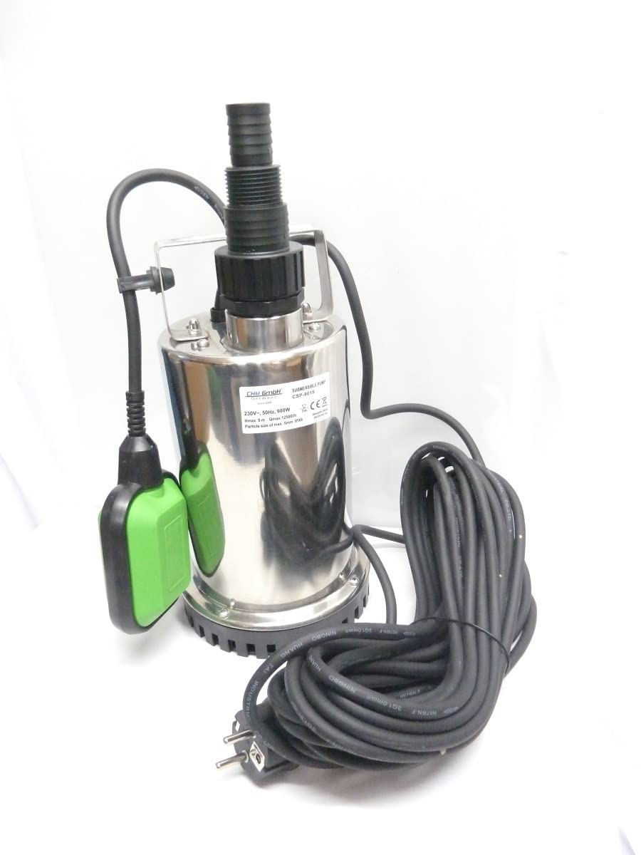 Flachsaugende Edelstahl Tauchpumpe 900 Watt Schmutzwasser geeignet Fördermenge und Hubhöhe 12500l/h 9 Meter mit Schwimmschalter und Dauerbertieb funktion