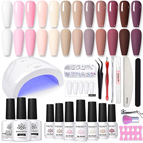 48W Lampe Manucure Kit Ongle Gel 15PCS Vernis Semi Permanent(12Couleurs +3 Base et Top Coat), BORN PRETTY Kit Ongle Gel UV Complet Rose Nude Vernis à Ongles Soak Off, Faux Ongles Strass Décor Nail Art