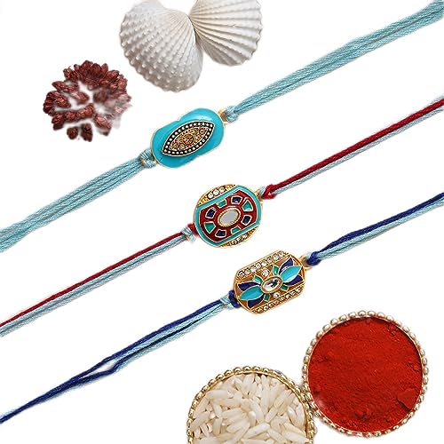 Image of eCraftIndia White Red Golden Set of 3 Pearl Rakhi for Brother with Roli Chawal Pack
