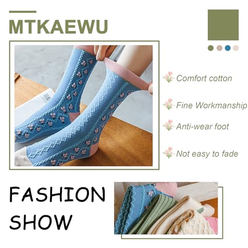 Image of 4 /5 Pack Cute Womens Floral Socks, Cotton Vintage Embroidered Casual Crew Socks, Girly Cottagecore Tulip Dress Socks