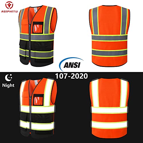 Image of Safety Vest for Men Women Reflective Construction Vest Hi Vis ANSI Standard | ANSI Standard, 8 utility Pockets 4 Reflective Strips with Neon trim High Visibilty Breathable Mesh Safety Apparel for Work