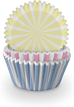 Anniversary House Pack of 75 Stripe Cupcake Cases for Spring Baking, Baking Cups in Heavy Duty Greaseproof Paper, Pink, Yellow and Blue, J245, 12 cm x 12 cm x 12 cm