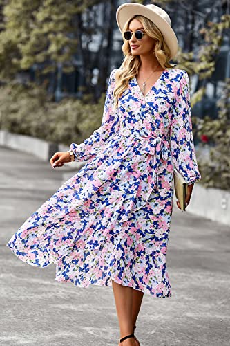 Image of PRETTYGARDEN Women's Floral Boho Dress Fall Long Sleeve Wrap V Neck Ruffle Flowy Maxi Spring Wedding Guest Vacation Dresses