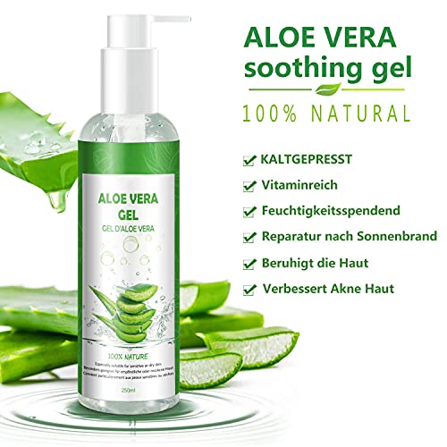 Aloe Vera Gel 100% Pur - für Gesicht Haare Körper - Natürliche, Beruhigende und Pflegende Feuchtigkeitscreme After Sun - Ideal Naturkosmetik für Trockene, Strapazierte Haut & Sonnenbrand - 250ml