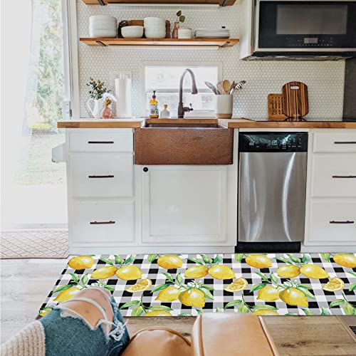 Sun-Shine Watercolor Yellow Lemon Buffalo Plaid Kitchen Rug Set 2 Pieces Cushioned Kitchen Floor Mats Comfort Soft Standing Doormat, Non Slip Rugs And Runner Black White #TOP3