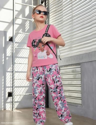 Image of mksodop Girls Outfit Set Graphic T Shirt and Camo Jogger Pants Cute Casual Clothes for Girls 5-16 Years