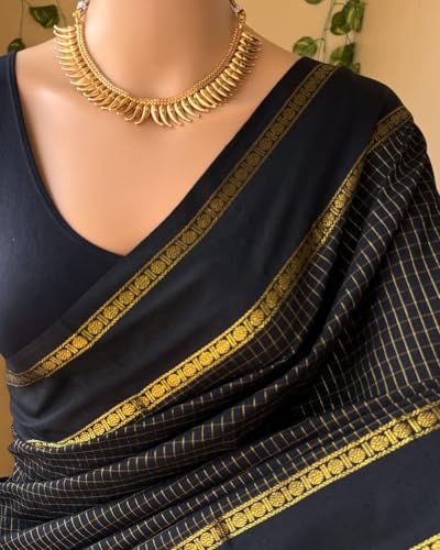 Image of South Cotton Gadwal Saree for Women | Celebrity Inspired Traditional Ethnic Wear | Chettinad & Kalyani Cotton Sarees | Soft Cotton Saree with Blouse Piece | Black