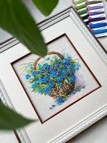 Image of RIOLIS - Forget Me Nots in a Basket 2170, Cross Stitch Kits 8 inch x 8 inch, Cross Stitch Kits for Adults, Floral Counted Cross Stitch Kits, Embroidery Kit for Beginners & Advanced, Crossstitching Kits